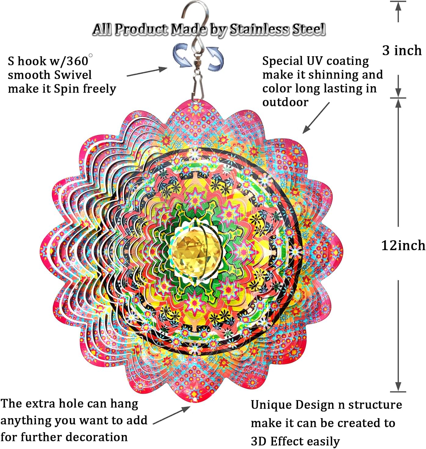 FONMY Mandala Wind Spinner w/Crystal Ball-Romatic Flower 3D Stainless Steel Hanging Spinners Worth Gift Christmas Decoration Indoor/Outdoor Garden Décor Kinetic Yard Art 12 Inches Wind Sculpture
