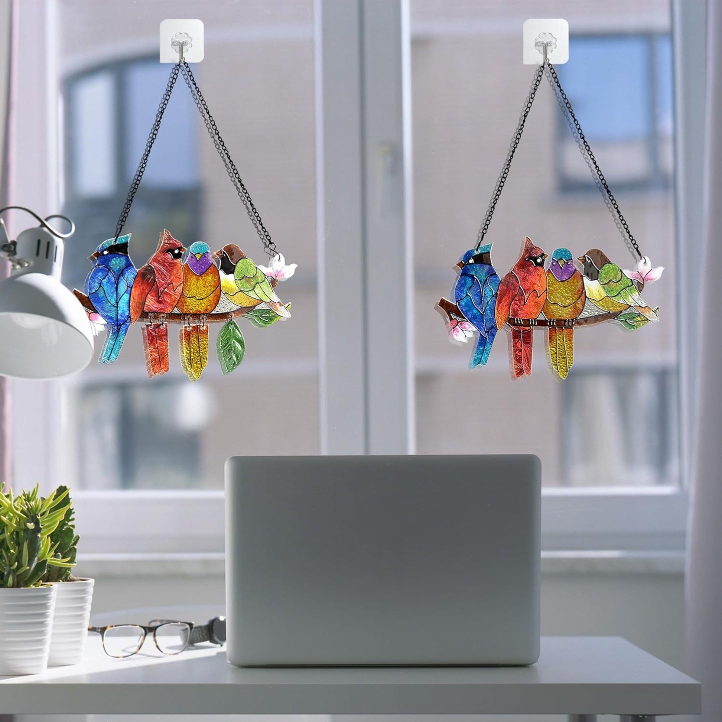 2 Pack Stained Glass Window Hanging - Hummingbird Decorations Suncatcher Hand-Painted Double Sided Birds on A Branch Sun Catcher for Window Home Decor Gifts for Mom,Bird Lovers