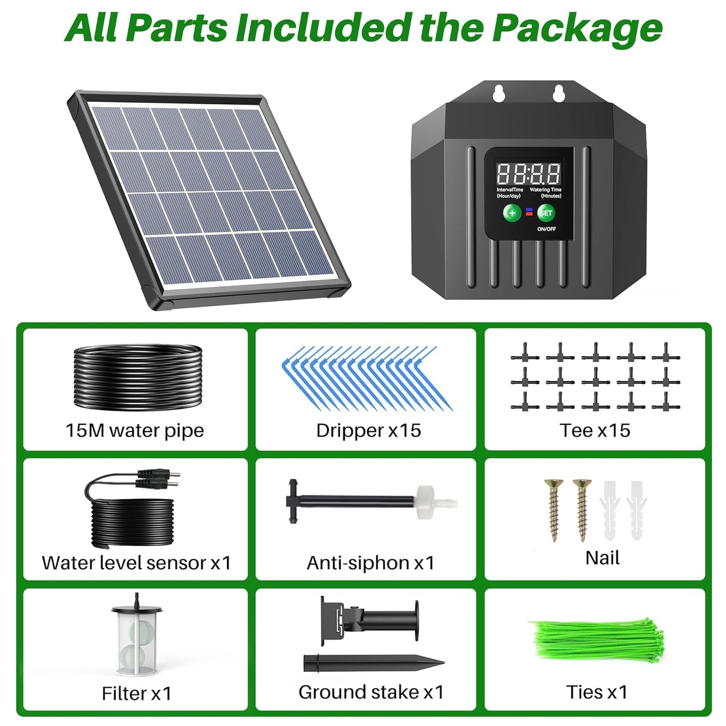 Biling 3W Solar Drip Irrigation System, Digital Programmable Smart Watering Kit with 2200mAh Battery for 15 Potted Plants Indoor/Outdoor Use