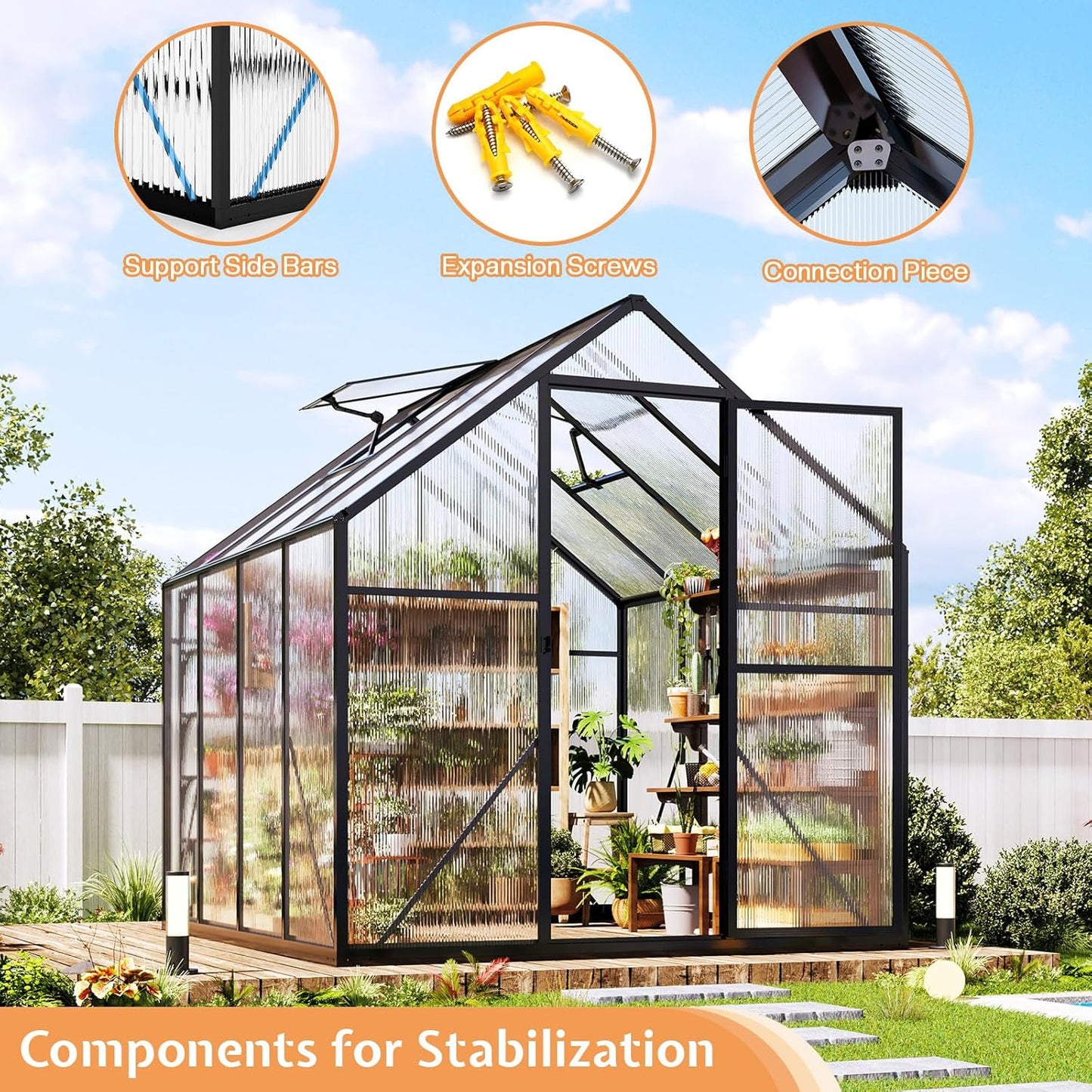 Jocisland 6x8x6.3 FT Polycarbonate Greenhouse for Outdoors with 2 Windows, Dual Swing Doors, Aluminum Walk-in Frame, Heavy Duty Garden Greenhouse for Backyard, Black