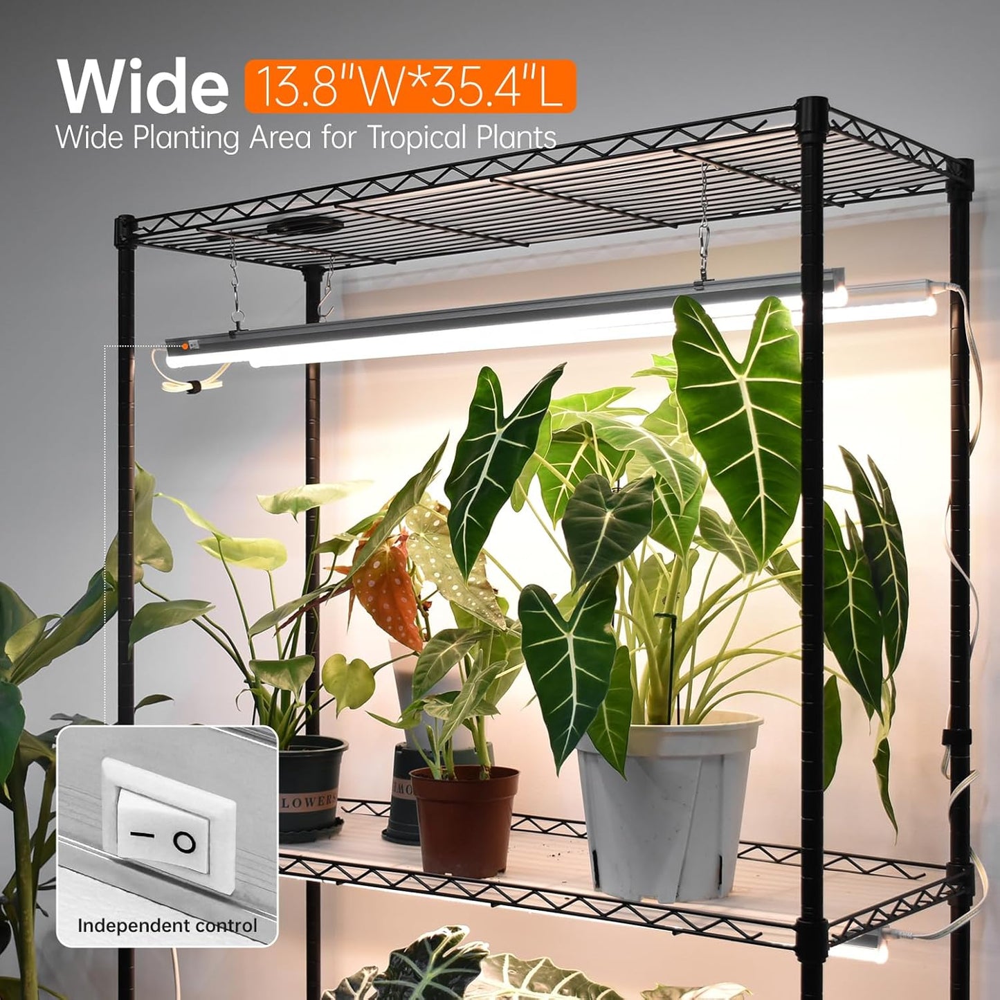 Plant Shelf with Grow Light with Timer, Tall Plant Stand with Adjustable Rack and Wheels, 6 Pack T5 3FT Full Spectrum Grow Lights for Indoor Plants, Seed Starting, Seed Tray, 35.4"x13.8"x70.8"