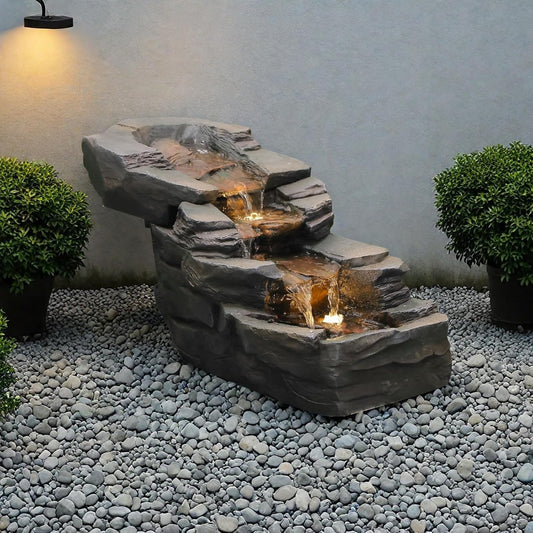 Outdoor Water Fountain 3-Tier Floor Standing Rainforest Rock River Natural Waterfall Fountains with LED Lights for Garden, Patio, Porch, Home Art Decor, 30" L