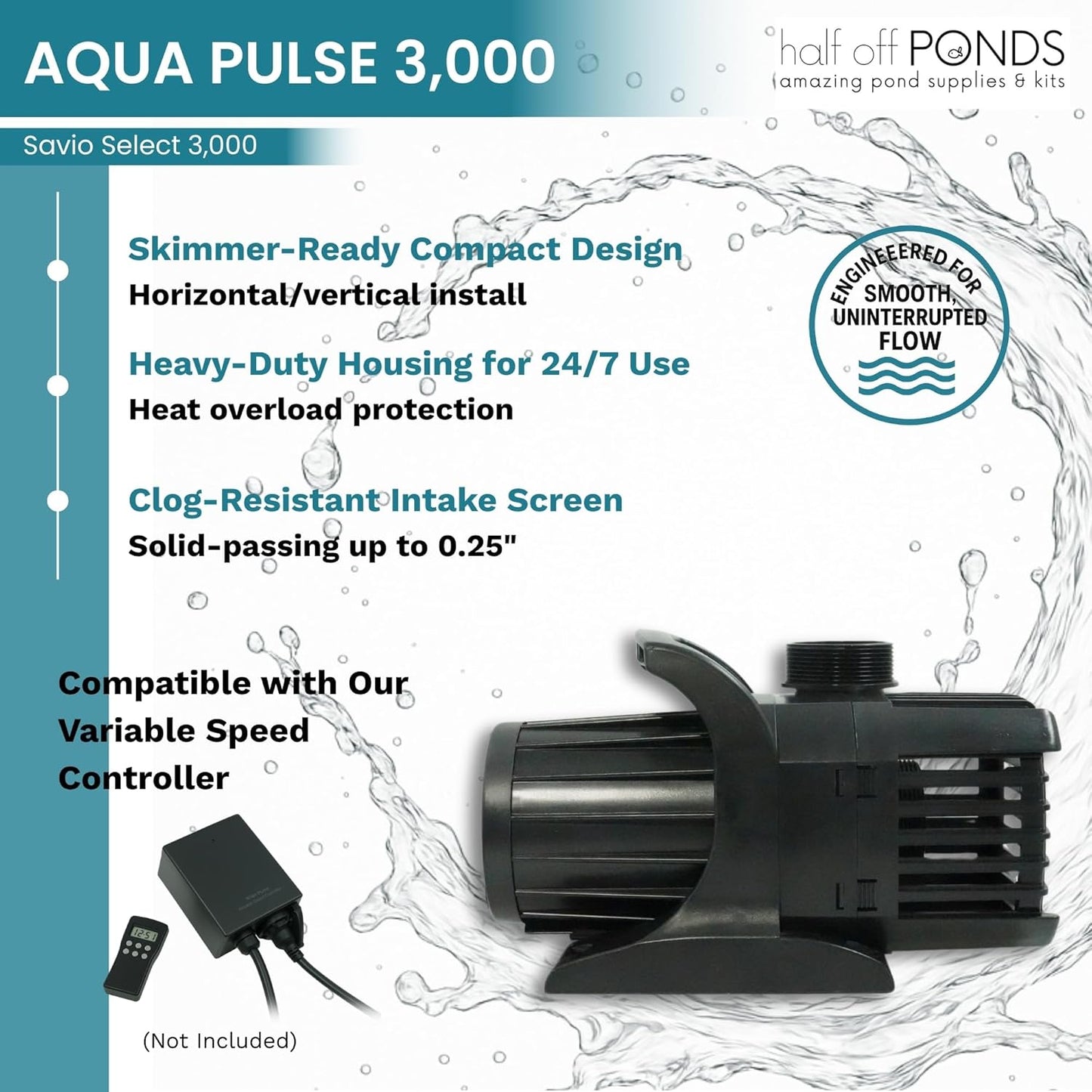 HALF OFF PONDS Savio Select 3,000 GPH Submersible Pump Pond Kit with 15' x 15' PVC Plastic Pond Liner for Water Garden & Koi Pond