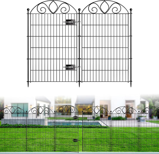 5 Panels No Dig Tall Garden Fence with Gate – 44" H X 11.8' L Rustproof Metal Dog Fence Outdoor for Yard, Decorative Animal Barrier Fence for Pet, Garden Border, Patio, Flower | Temporary Fencing