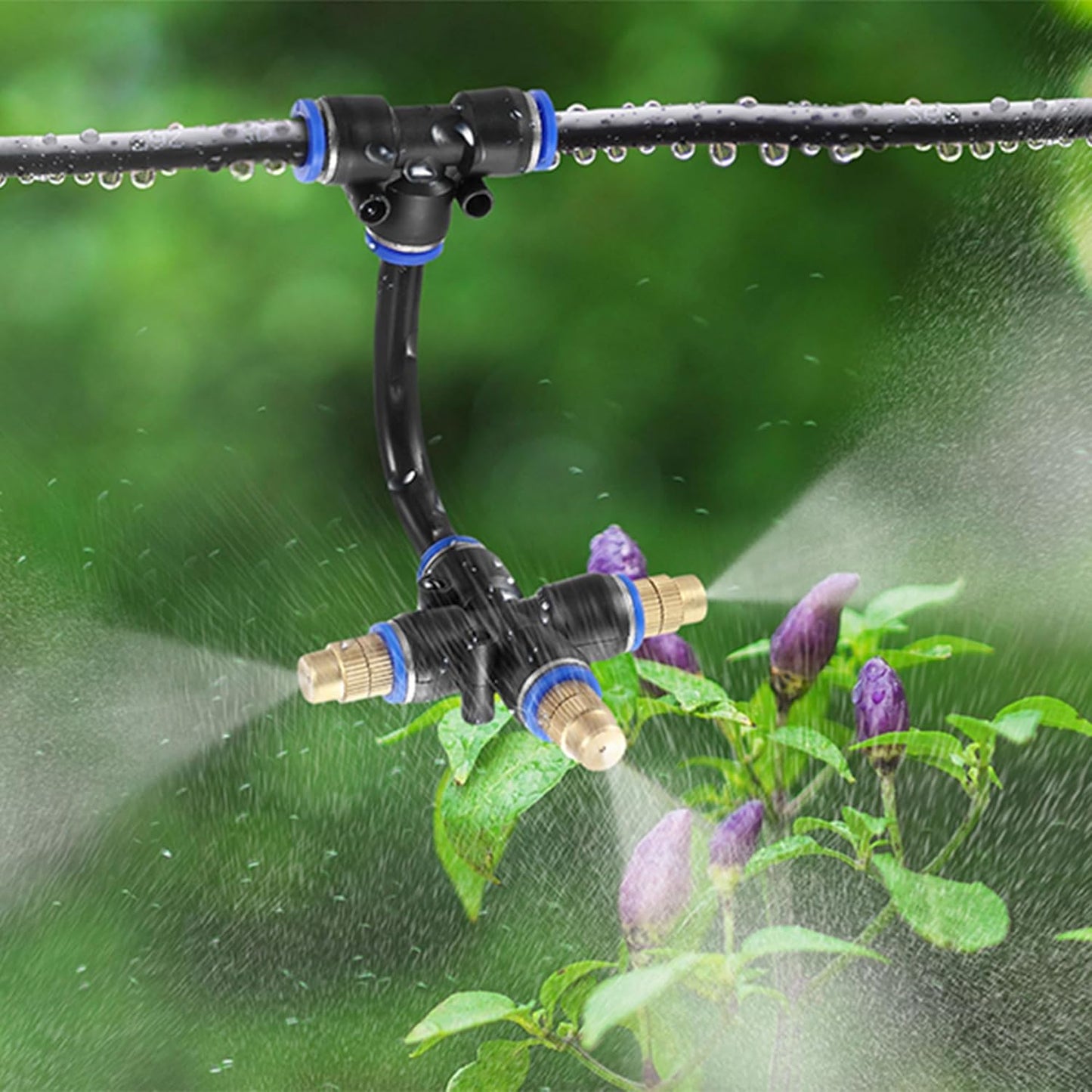 Mornajina 3Packs 3 Way Brass Misting Nozzles Tee with 13inch Built in Hose for Outdoor Cooling System, Adjustable 360° Rotation, Water Mister Nozzles Thread Sprayer 0.043" (1.1 mm)