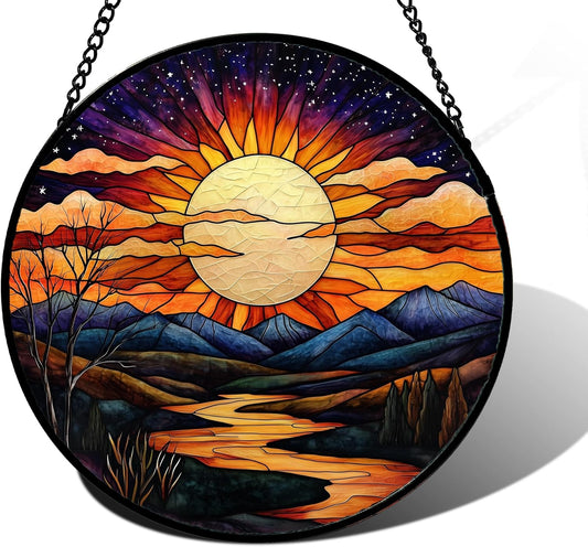 Stained Glass Window Hanging, The Sun Shines Brightly on Lake Sun Catchers Colorful Glass Panel Suncatcher Decor for Birthday for Women, Men, Wife, Lovers, and Mom 6.3 in