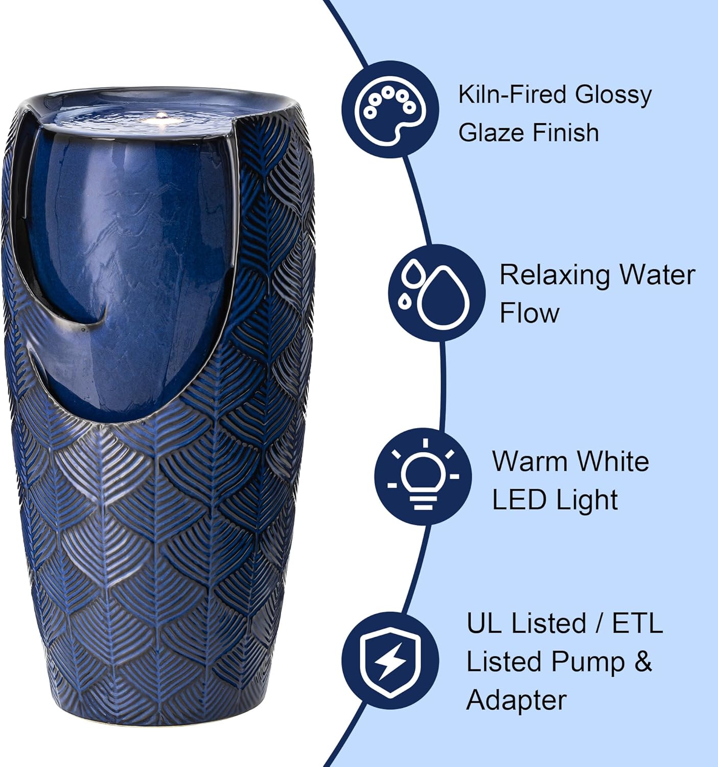 Glitzhome 29.25" H Oversized Ceramic Vase Outdoor Water Fountain, Tall Scale-Like Textured Glaze Patio Garden Water Fountain with LED Light and Submersible Pump Yard Art Decor, Cobalt Blue