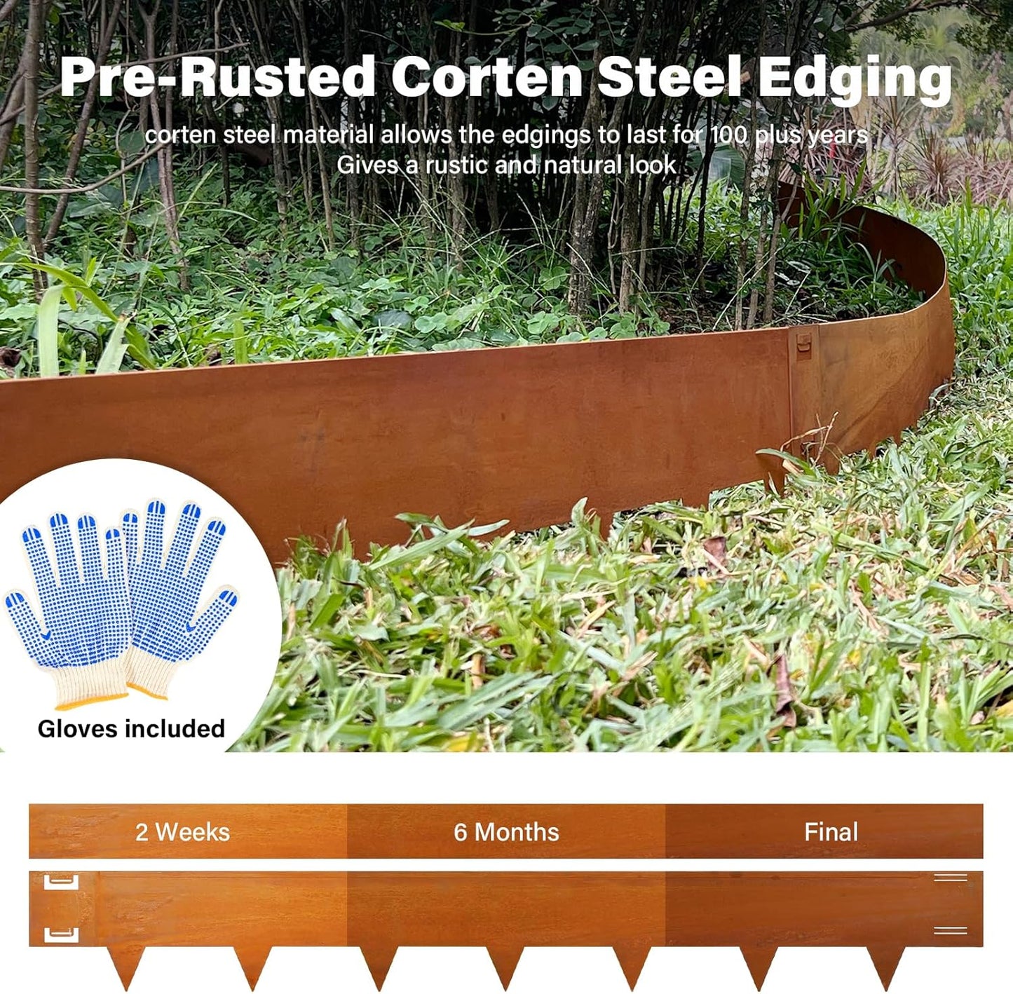 Cor-Ten Steel Landscape Lawn Edging, 40" L x 6" H,6 Pack Steel Edging for Landscaping,Metal Landscape Edging, Metal Edging for Landscaping(180 Degree Bend, Rusted)