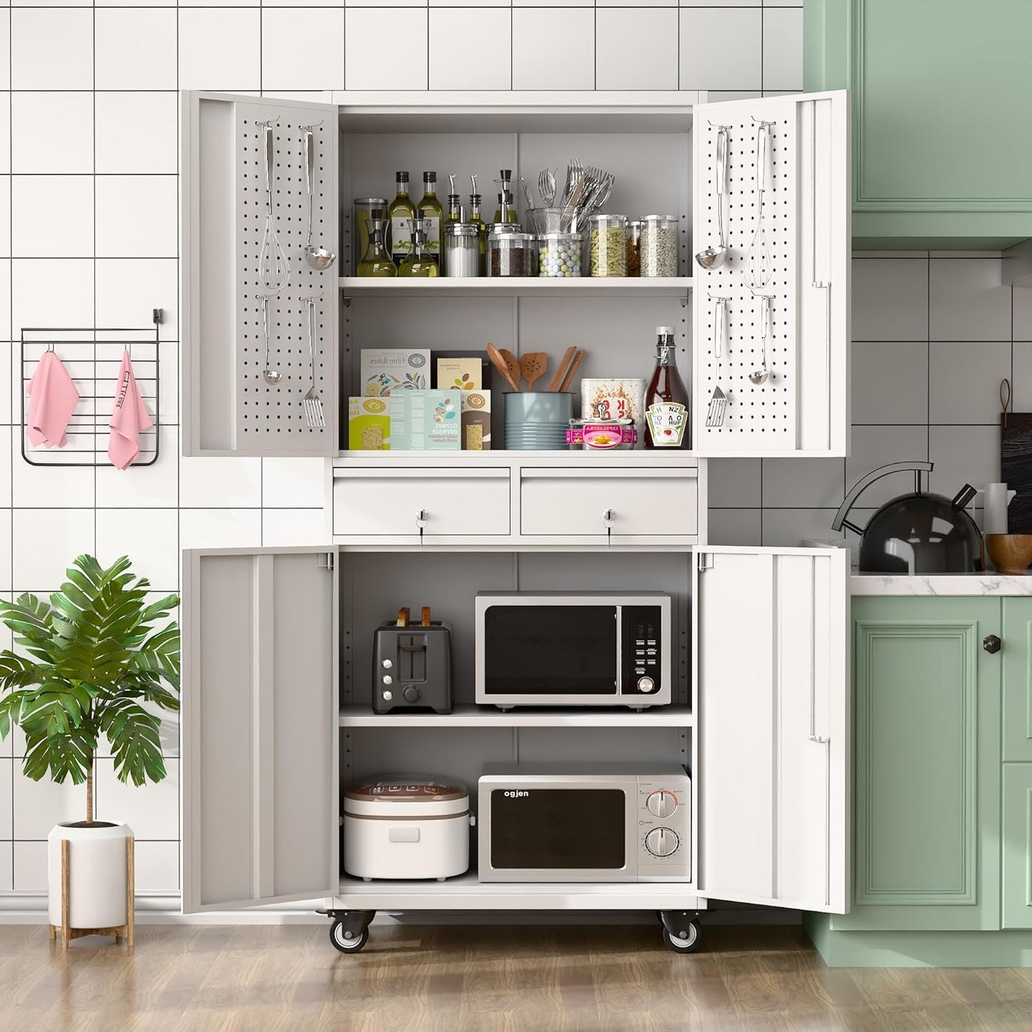 Garage Storage Cabinet with Wheels, Metal Storage Cabinet with 2 Drawers and 2 Adjustable Shelves, Metal Lockers with Pegboards for Homes, Offices, Kitchens, Schools and Pantries, White