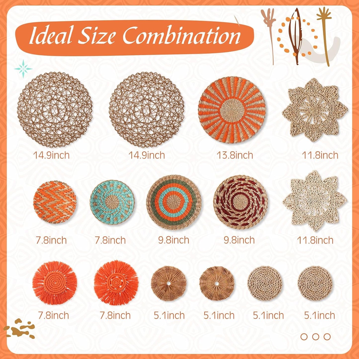 15 Pcs Boho Wall Basket Decor Woven Rattan Seagrass Wall Decor Hanging Rustic Farmhouse Western Art Decoration for Nursery Living Room Bedroom Home Kitchen(Orange Style)