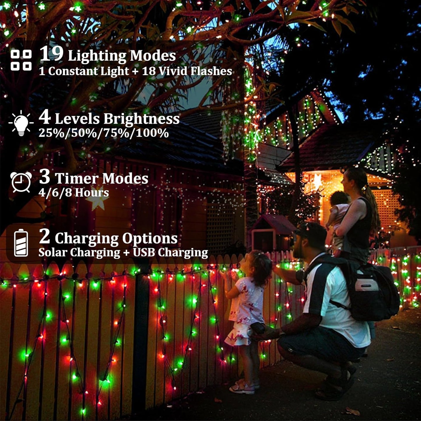 2-Pack 200FT Solar String Lights for Outside, 600 LED Extra-Bright Solar Light Outdoor with 19 Modes & Timer, Waterproof Fairy Solar Lights for Garden Patio Tree Christmas Decorations Red & Green