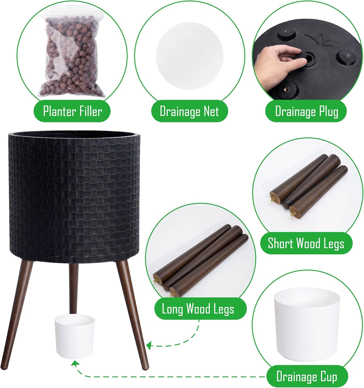 D'vine Dev 16 Inch Modern Geometric Tile Patterned Sleek Planter Pot with Stand, Indoor Outdoor Decorative Plant Holder, Distressed Black, 88-Z-E-5