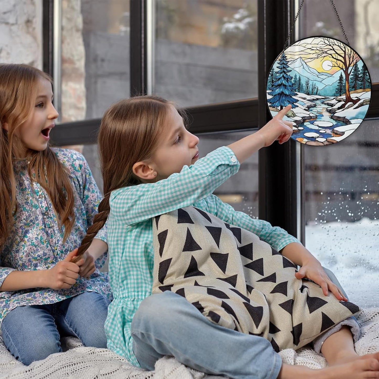 Winter Stained Glass Suncatcher for Window Hanging, Pine Tree Winter Landscape Blue White Glass Panel Decor Home Window for Women Men Wife Mom 7.8 inches