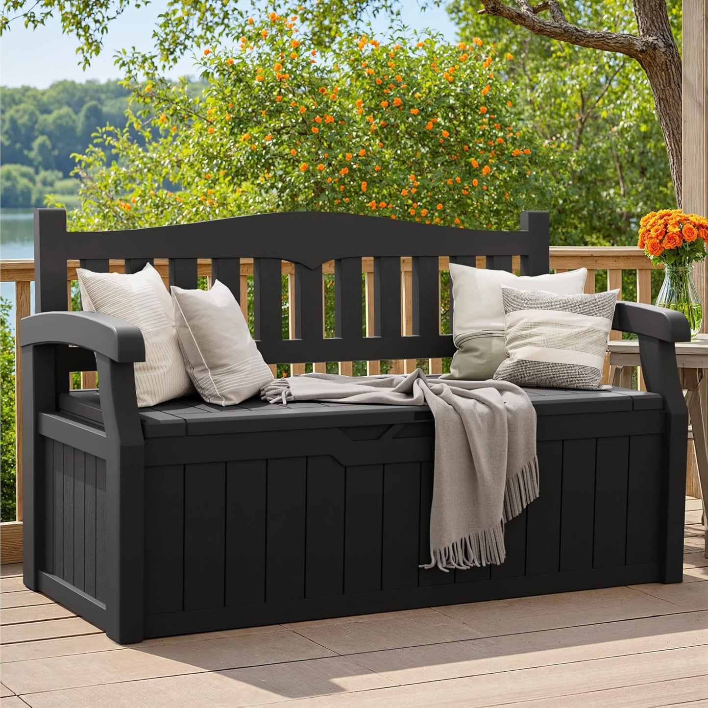 Greesum 80 Gallon Storage Bench Outdoor Deck Box with Armrest, Patio Furniture,Lockable, Waterproof and UV Resistant, Suitable for Garden, Pool, Black