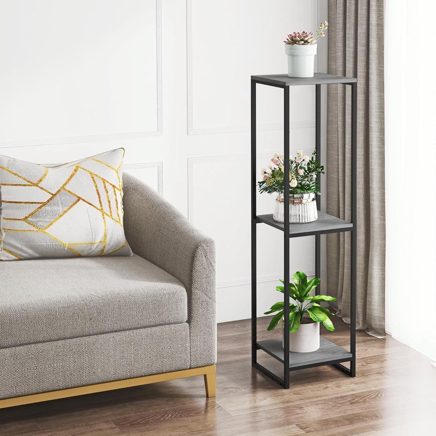 46" Tall Plant Stand Indoor, 3-Tier Modern Plant Shelf, Corner Flower Pot Holder Organizer for Living Room Balcony Patio Garden (Oak Grey)