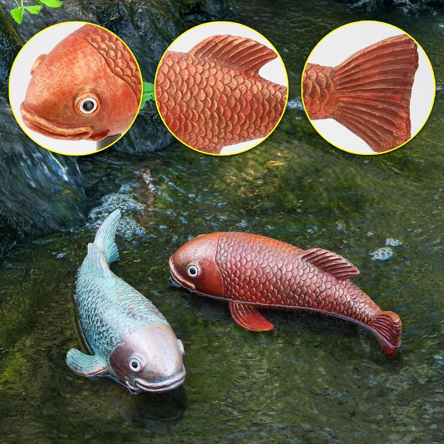 10.8" Resin Koi Pond Kit, 2Pcs Antique Koi Fish Garden Statues, Yard Pond Decor, Large Outdoor Statues Ornaments, Real Fish Sculpture Art, Garden for Outdoors