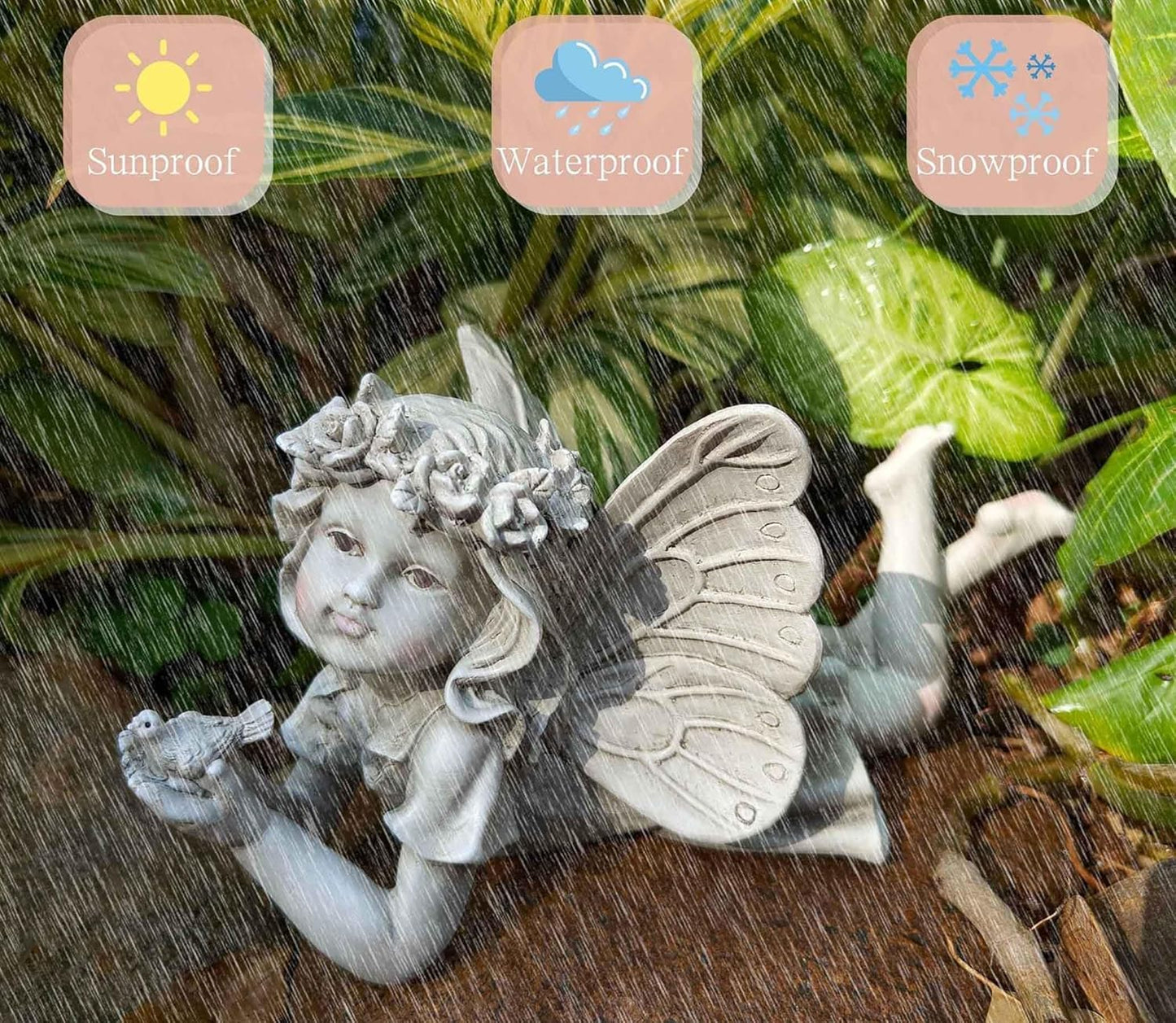 MeritMode Fairy Flower Garden Outdoor Statue - Angel Holding Bird and Butterfly, 11" Width, Cherub Decor and Grandma Gifts, Patio and Yard