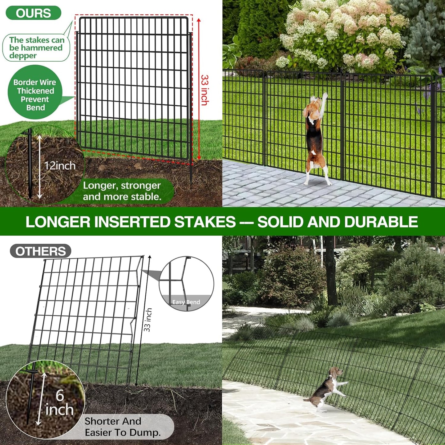 5 Panels Dog Fence Outdoor for Yard, 33 in(H) X 12 ft(L) Decorative Garden Fence Rustproof No Dig Animal Barrier Fencing Metal Wire Panel Border Patio Rabbits Ground Stakes Fencing