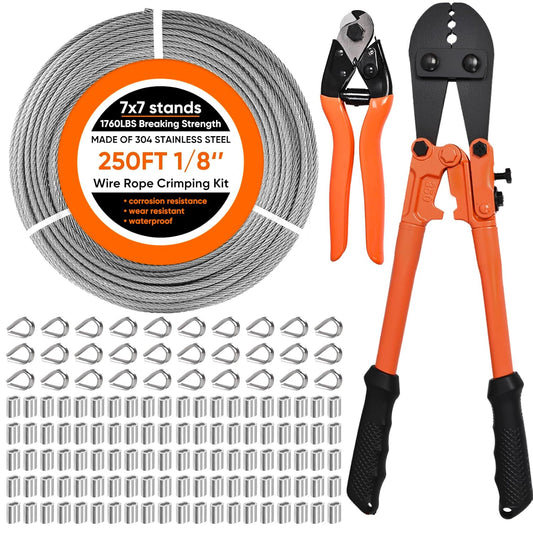 250FT 1/8" Stainless Steel Cable with Wire Rope Crimping Tool and Cable Cutter, 1760 lbs Breaking Strength, 7x7 Strands Aircraft Cable for Deck Railing, Porch Fence, String Light