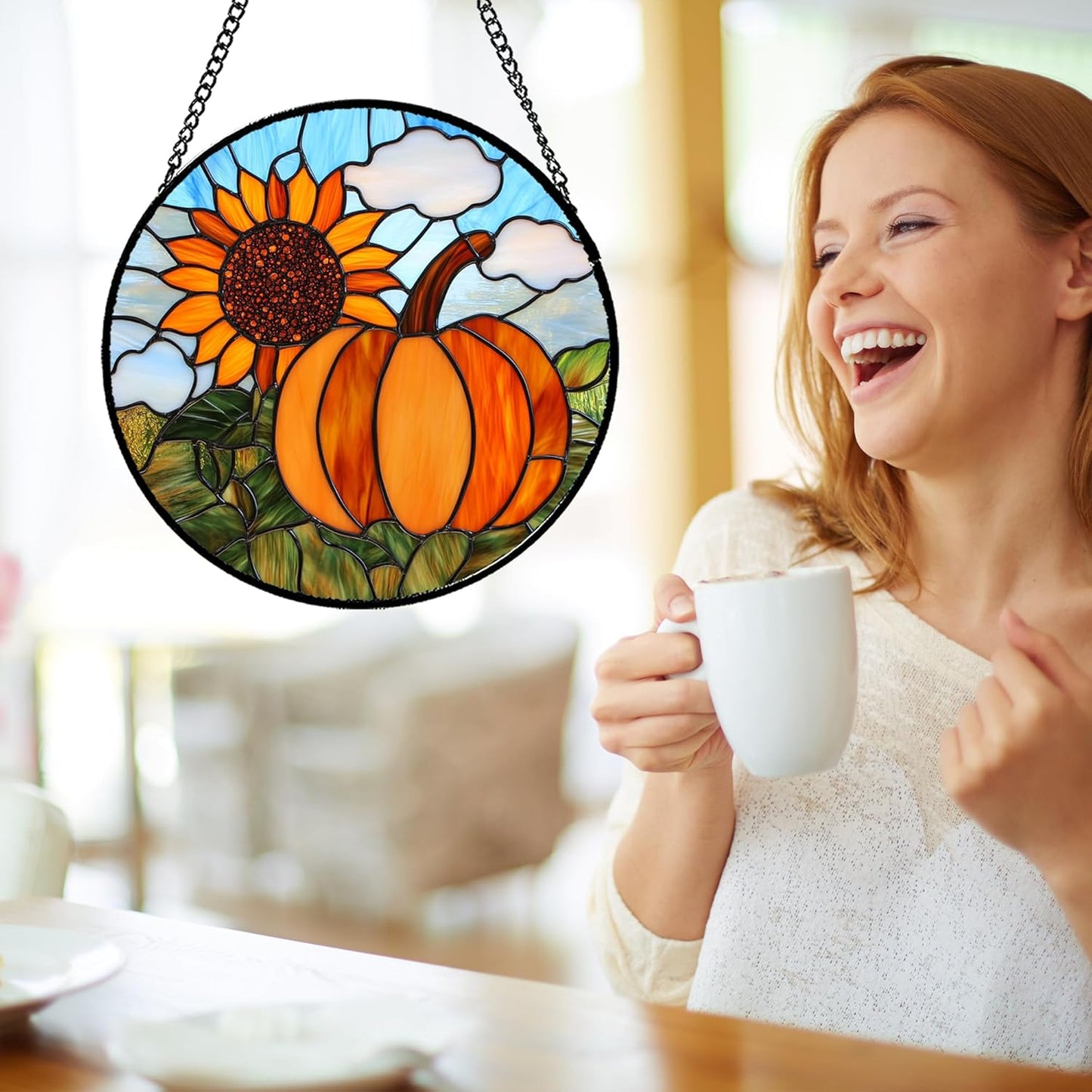 Stained Glass Window Hanging Fall Farm Scenery Sunflower Pumpkin 7.8" - Suncatcher Door Garden Kitchen Sunroom Sun Catcher Home Decor Birthday for Mom Grandma Men Woman