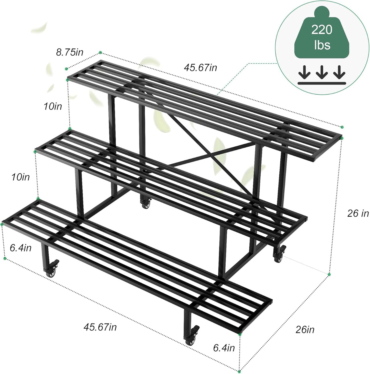 Zhongma 3 Tier Sturdy Metal Plant Stand with Wheels, L45.67 x W26 x H26 inch, Heavy Duty Plant Holder for Home Indoor and Outdoor, 660 LBS Capacity & Heavy Duty Construction