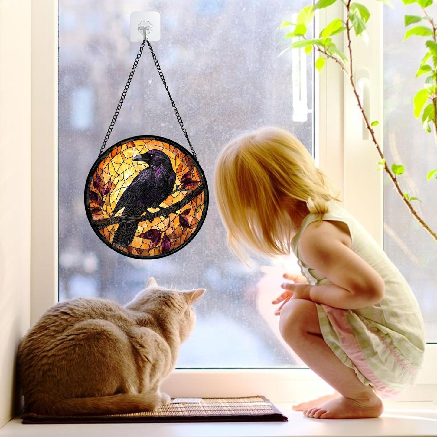 Stained Glass Window Hanging - Crow on a Branch Suncatcher Ready to Hang Window Doors Home Decoration and Christmas, Mother's Day Birthday Gifts for Women, Men, and Mom 11.8x11.8 in