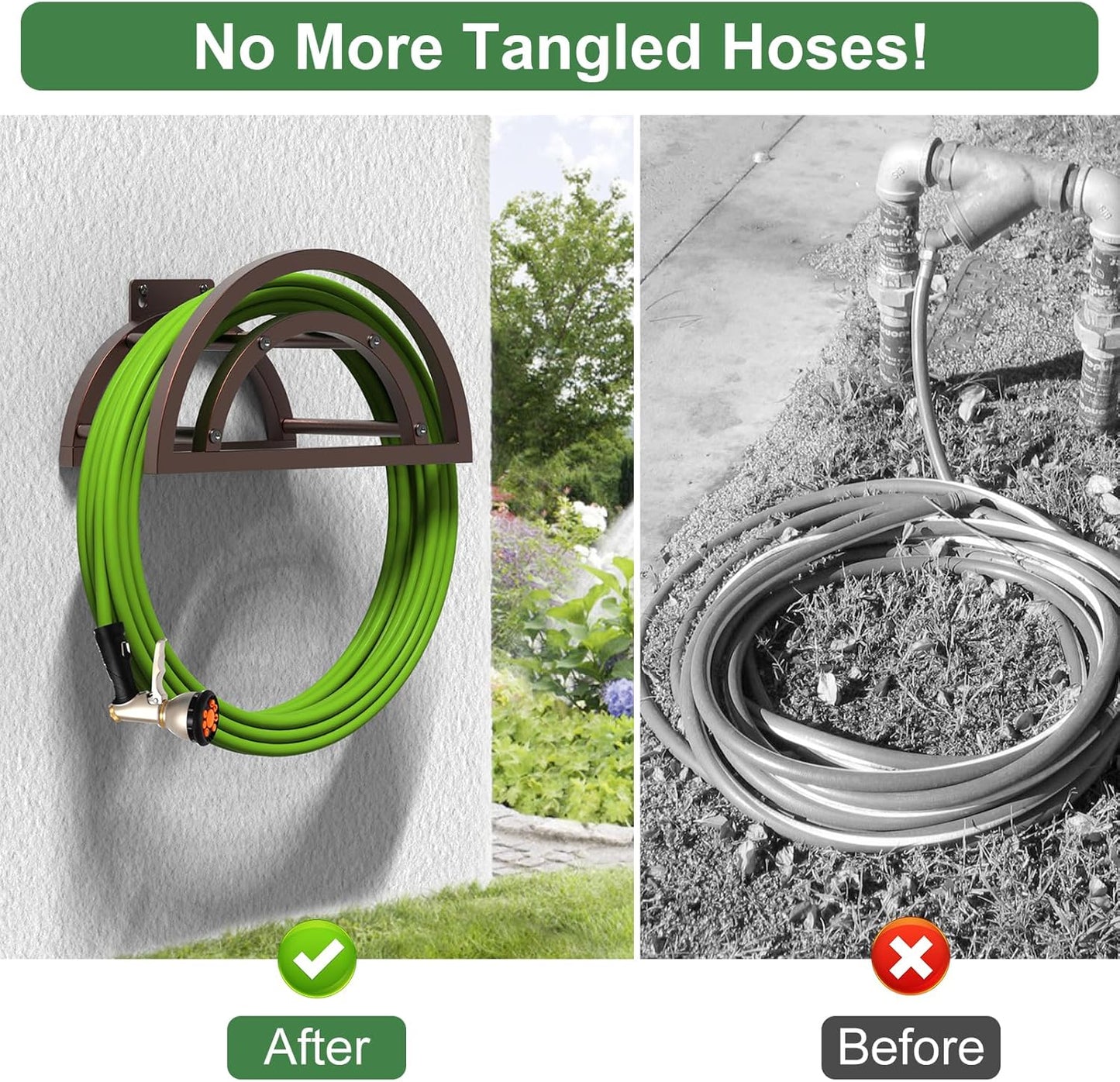 2 Pack Garden Hose Holder, Outdoor Hose Holder Wall Mounted Holds 125-ft Hose, Heavy Duty Metal Hose Hanger, Sturdy Detachable Hose Reel Storage Organizer, Hose Rack for Outside Garden Lawn, Bronze