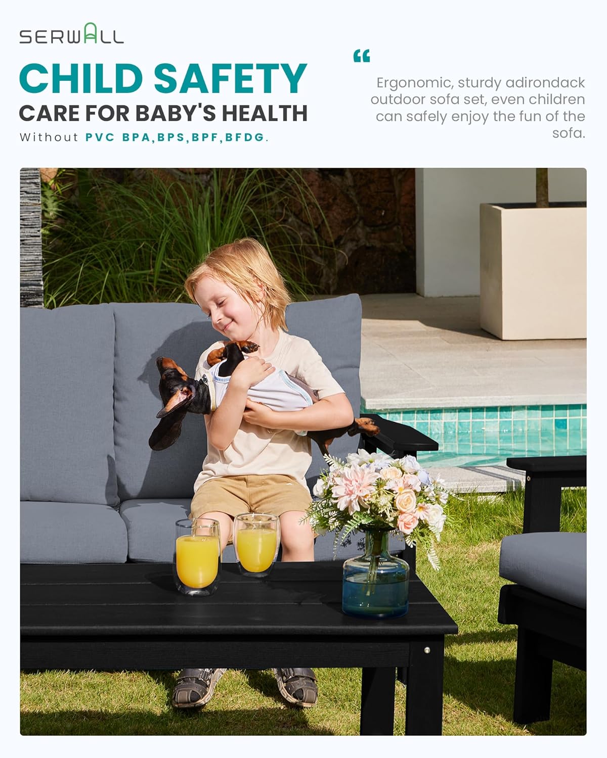 SERWALL HDPE Outdoor Couch, Black Frame and Grey Cushion