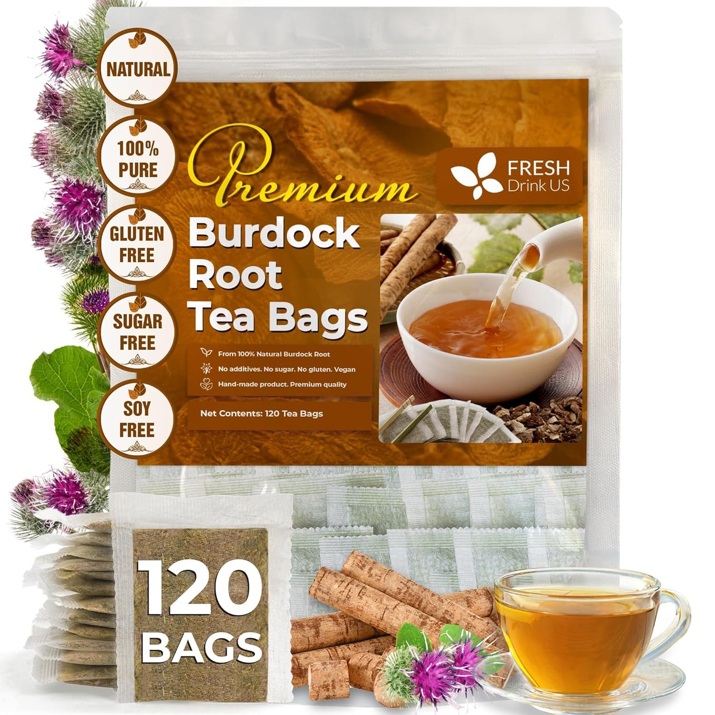 FreshDrinkUS, Premium 120 Burdock Root Tea Bags, 100% Natural & Pure, Herbal Tea. Made with Natural Material Tea Bags. No Sugar, No Caffeine, No Gluten, Vegan.