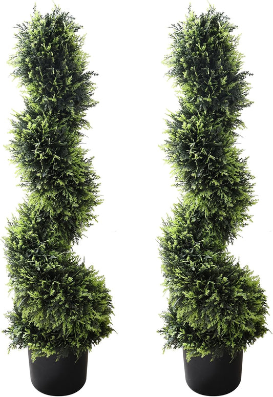 39 inchBoxwood Artificial Cedar Spiral Topiary Trees – Decorative Fake Greenery in Planter Pots for Front Porch, Outdoor Walkway, Entryway Decorating, Set of 2