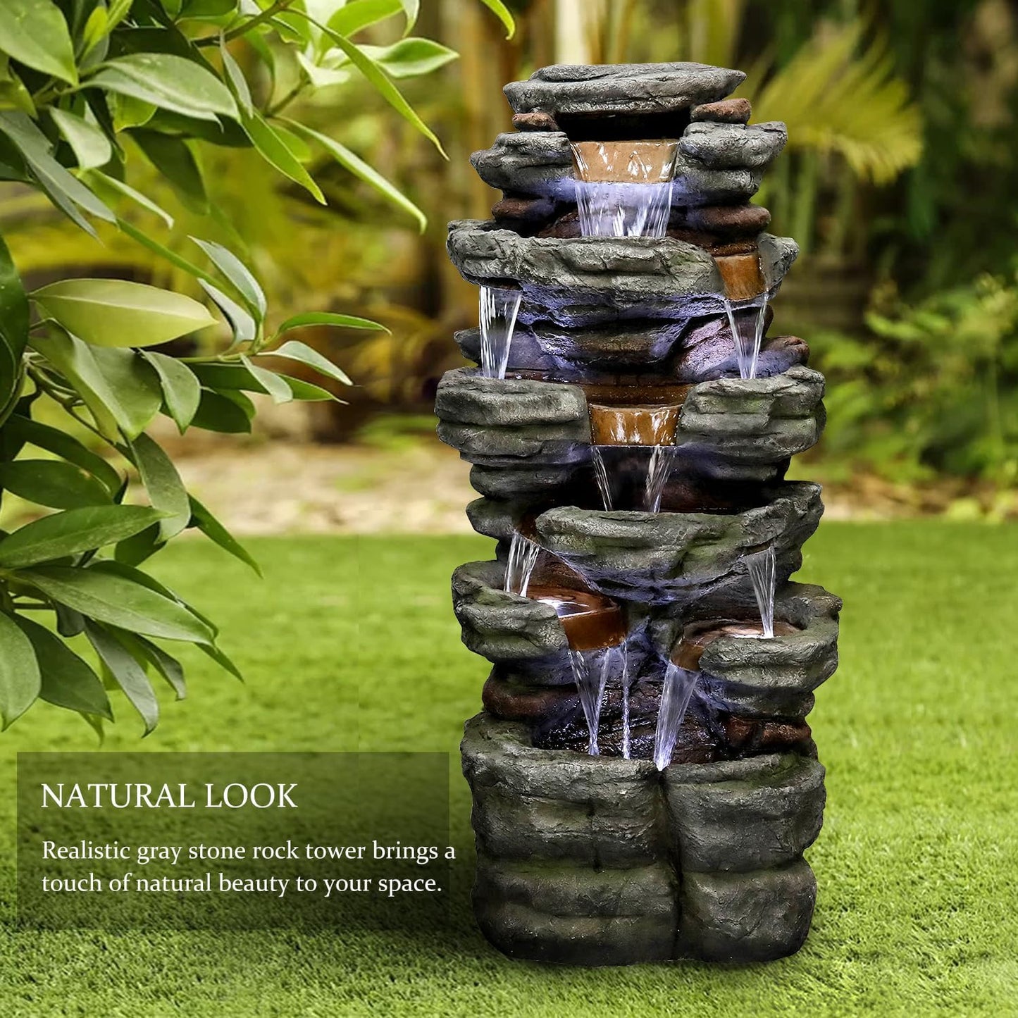 SunJet 47.2" High 6-Tiers Cascading Rock Outdoor Water Fountain with LED Lights - Large Outdoor Fountains and Waterfalls for Garden or Patio, Yard, and Deck Decor, Featuring Natural Stone Look