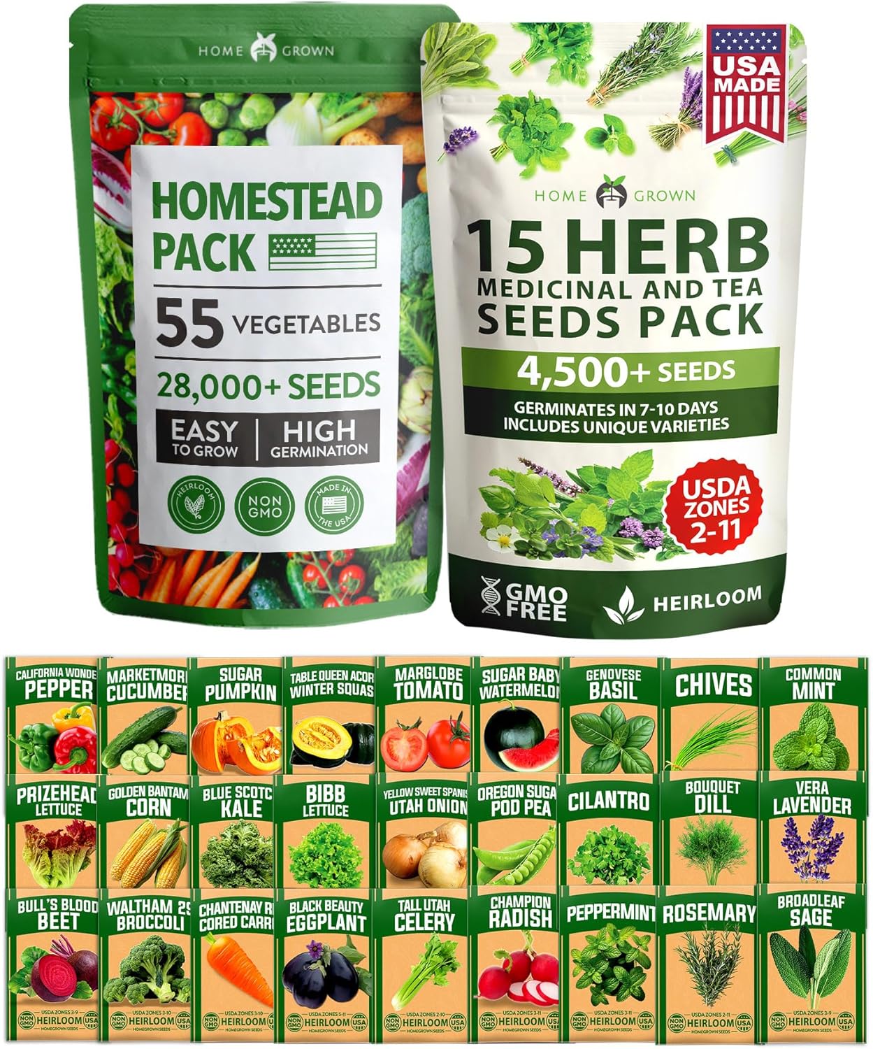 HOME GROWN 70 Variety Vegetable & Herb Seeds – 32,000+ USA Non-GMO Heirloom Survival Seeds –Garden Kit for Spring, Fall, Winter – Indoor & Outdoor Planting – Starter Set for Home Gardeners & Preppers