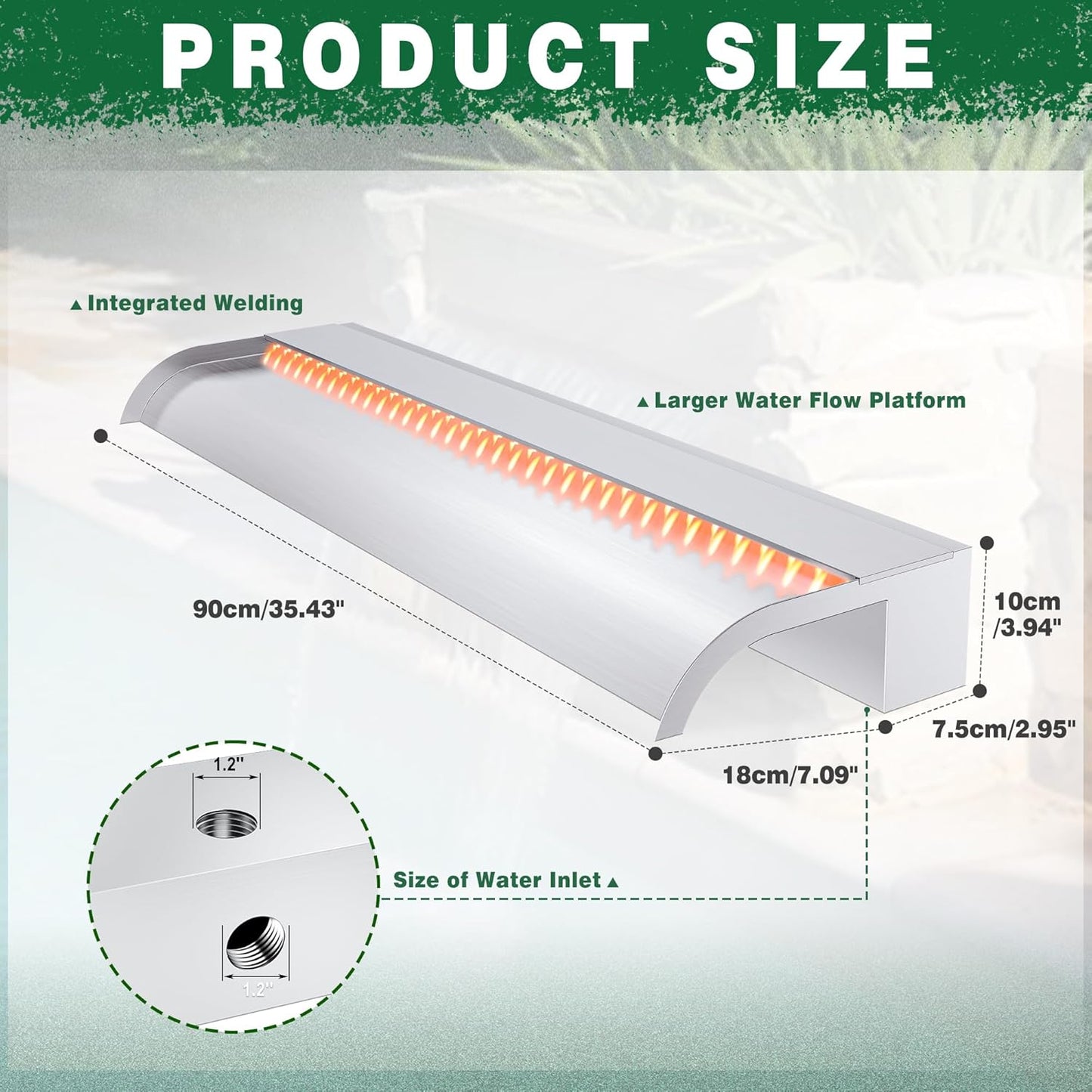 Waterfall Pool Fountain, LONGRUN Stainless Steel Waterfall Spillway for Pools and Ponds - 35.4" Wide Decorative Water Feature for Swimming Pools, Koi Ponds, and Garden