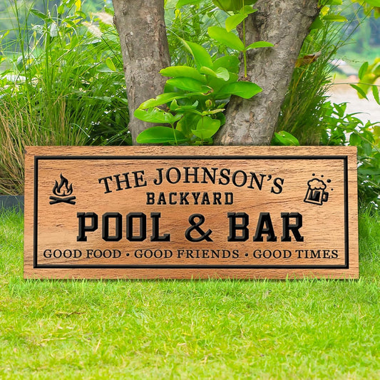 Custom Wood Bar Sign Personalized Backyard Pool and Bar Decor Carved Family Name Wooden Sign Outdoor Wall Art Housewarming Gift Patio Sign