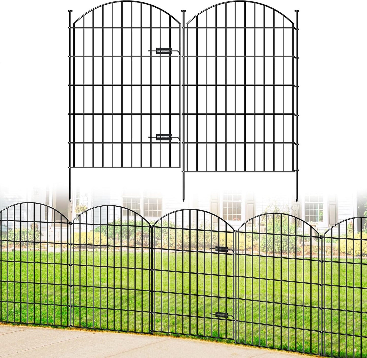 Metal Garden Fence with Gate 42in (H) x 23.3ft (L), 1 Gate+ 9 Panels Dog Fence Border Fence Animal Barrier, No Dig Garden Fencing for Yard Flower Bed Lawn Patio Outdoor, ECG4210, Black