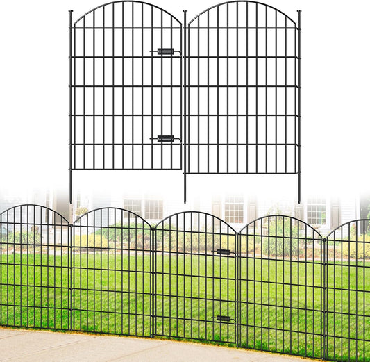 Metal Garden Fence with Gate 42in (H) x 23.3ft (L), 1 Gate+ 9 Panels Dog Fence Border Fence Animal Barrier, No Dig Garden Fencing for Yard Flower Bed Lawn Patio Outdoor, ECG4210, Black