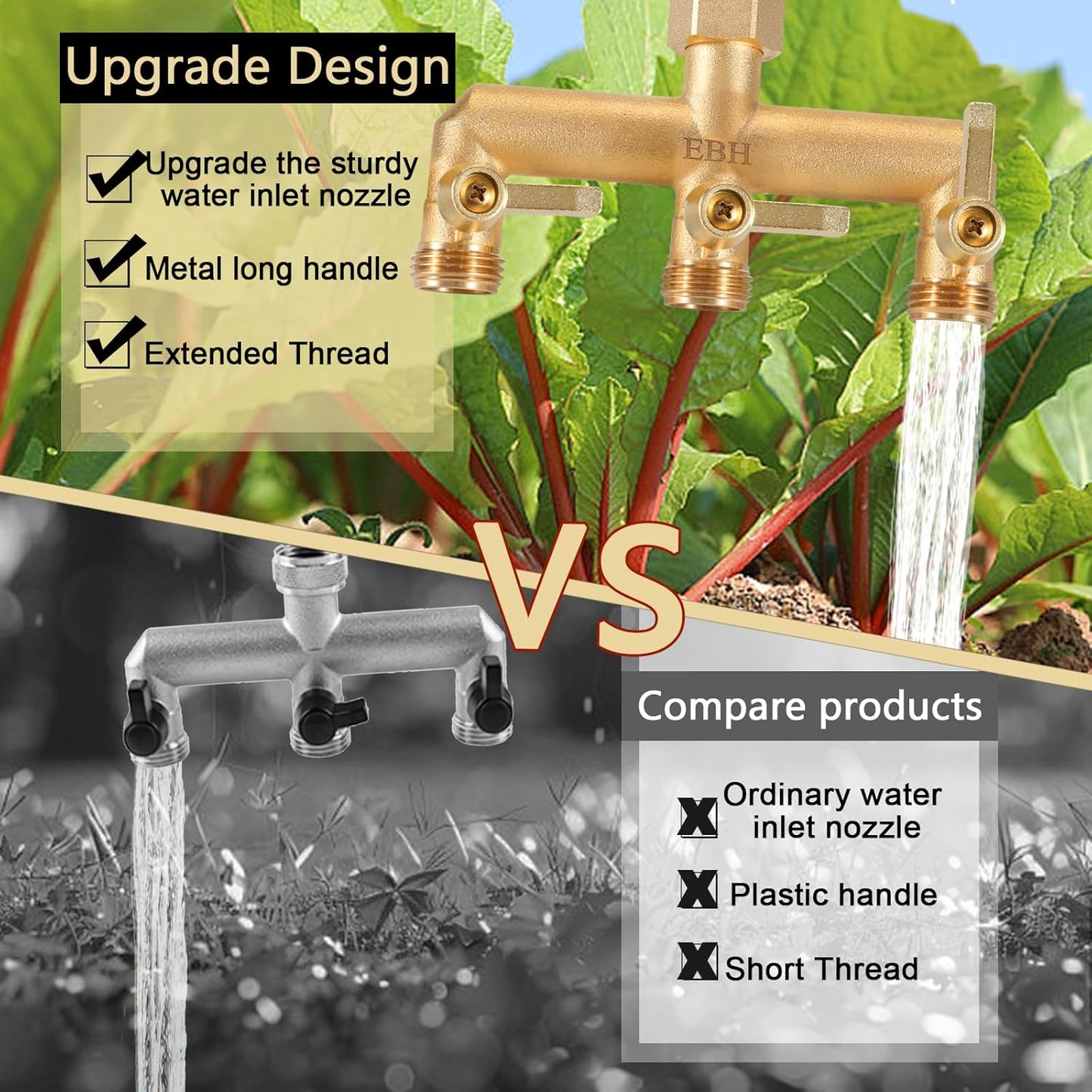 EBH Brass GardenHose Splitter, 3 Way Outdoor Faucet Splitter, 3 Long Metal Handle and Individual On/Off Valve, GHT 3/4-Inch Heavy Duty Hex Female Inlet and 3/4-Inch Male Outlet