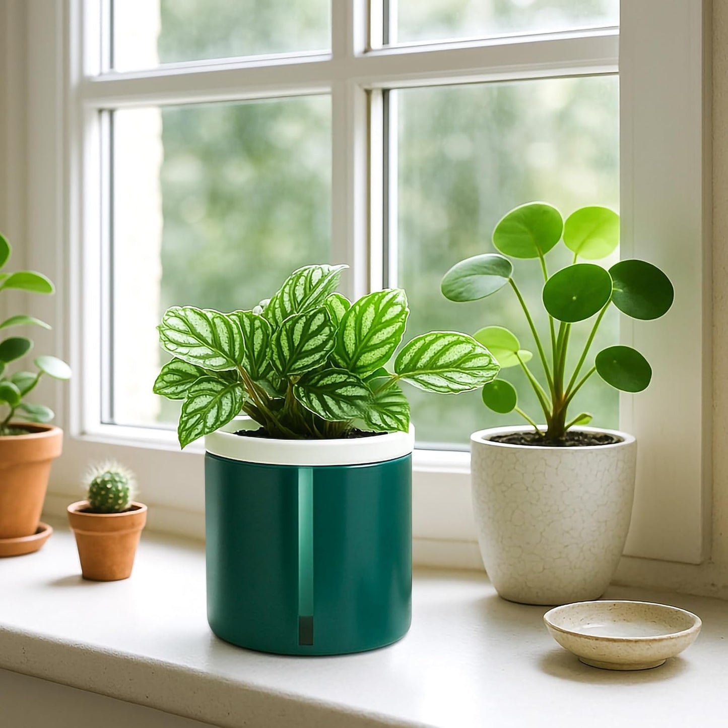 D'vine Dev 4 Inch Design Self Watering Planter for Indoor Plants, White Terracotta Pot with Teal Cylinder Glass Cup, Set of 2, 37-Y-A-5