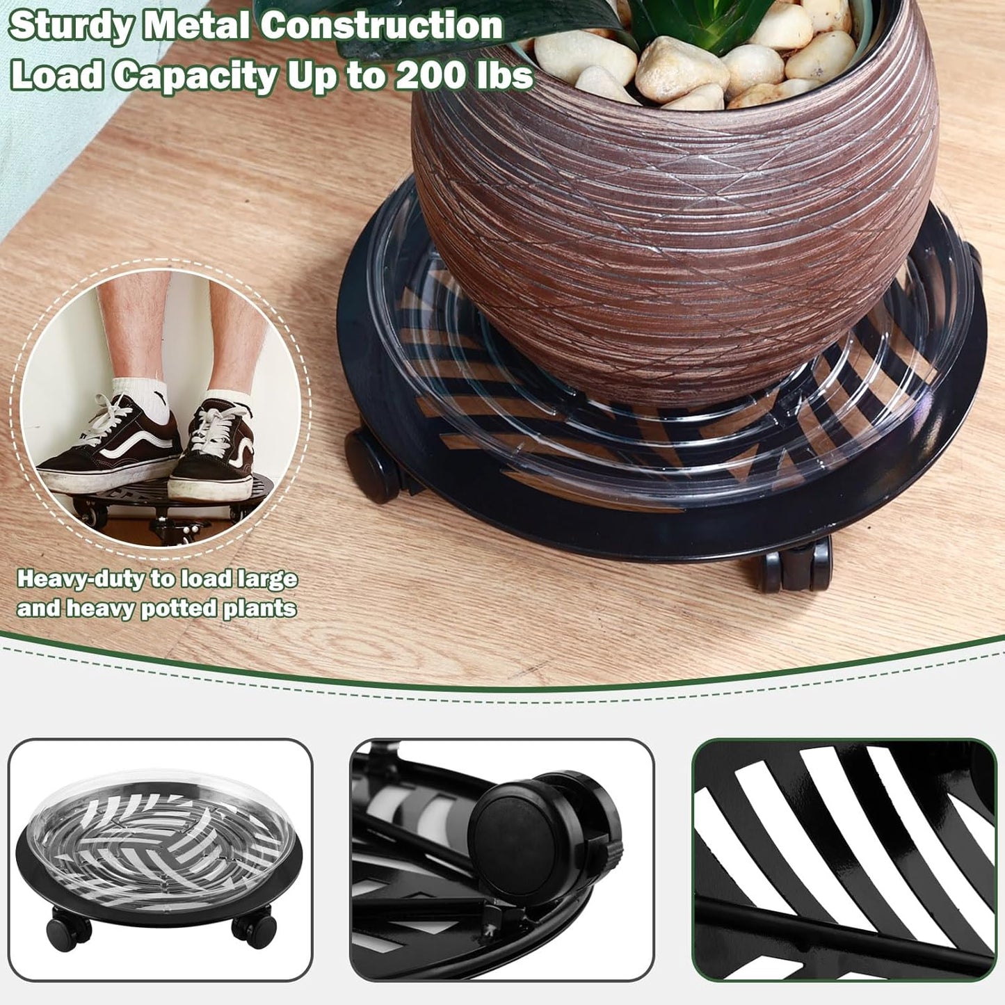 2 Packs Large Metal Plant Caddy with PU Wheels 13" Heavy-Duty Wrought Iron Rolling Plant Stands Indoor Outdoor Wheeled Plant Dolly Planter Mover Rollers Plant, Leaf Style