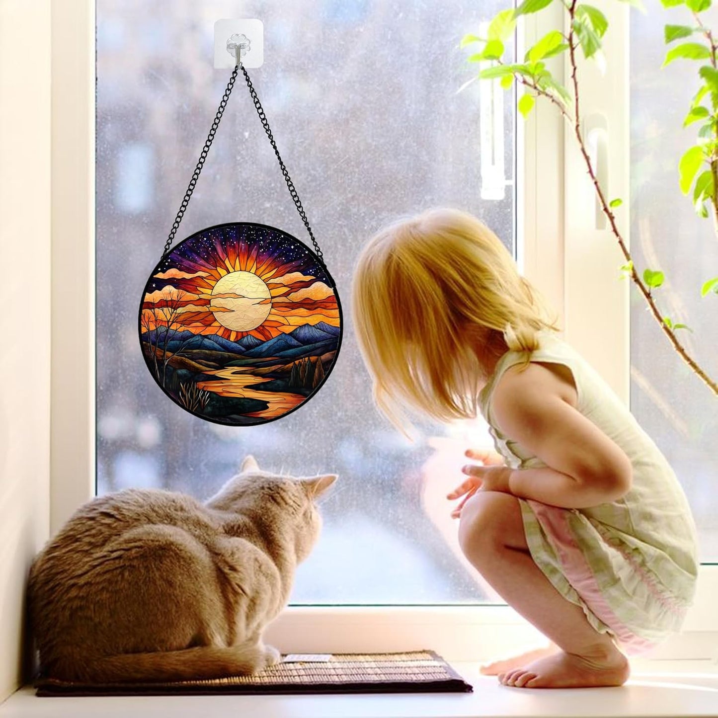 Stained Glass Window Hanging, The Sun Shines Brightly on Lake Sun Catchers Colorful Glass Panel Suncatcher Decor for Birthday for Women, Men, Wife, Lovers, and Mom 6.3 in