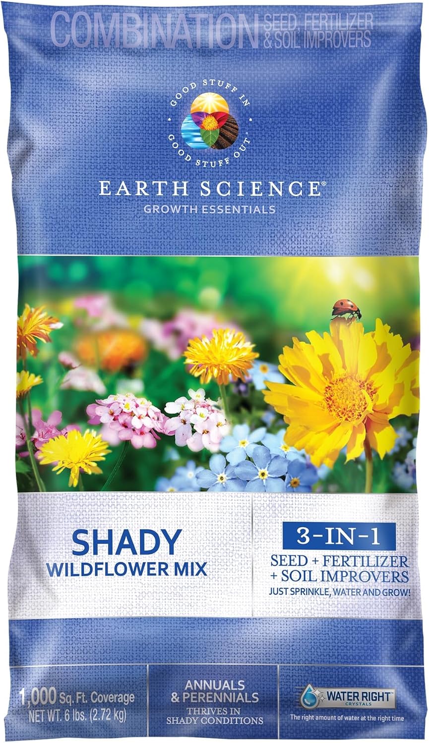 Earth Science Shady Wildflower Mix— 6 lb— 3-in-1 Formula with Premium Wildflower Seeds, Plant Food and Soil Conditioners - Non-GMO, Natural Ingredients