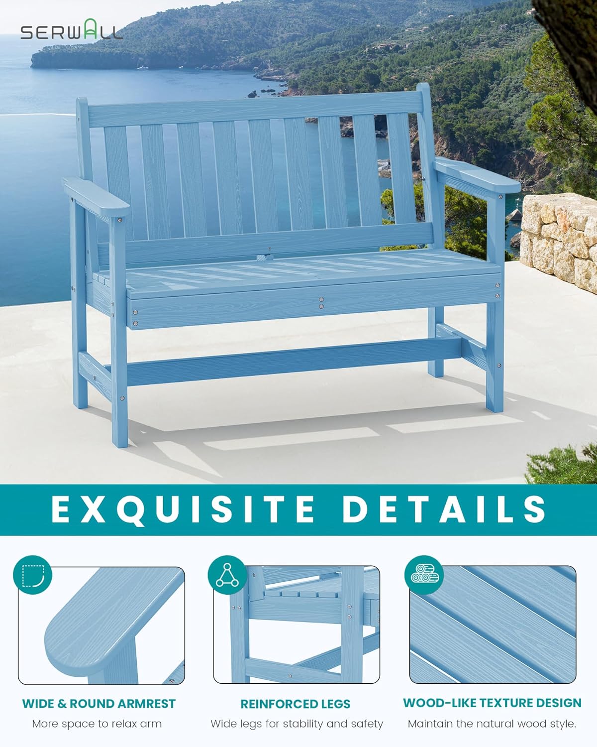 SERWALL Outdoor Bench, HDPE Outdoor Benches Weatherproof, 2-Person Garden Bench with 660 lbs Weight Capacity, Patio Benches for Outdoors, Garden, Porch, Backyard and Park, Light Blue, 6 Pack