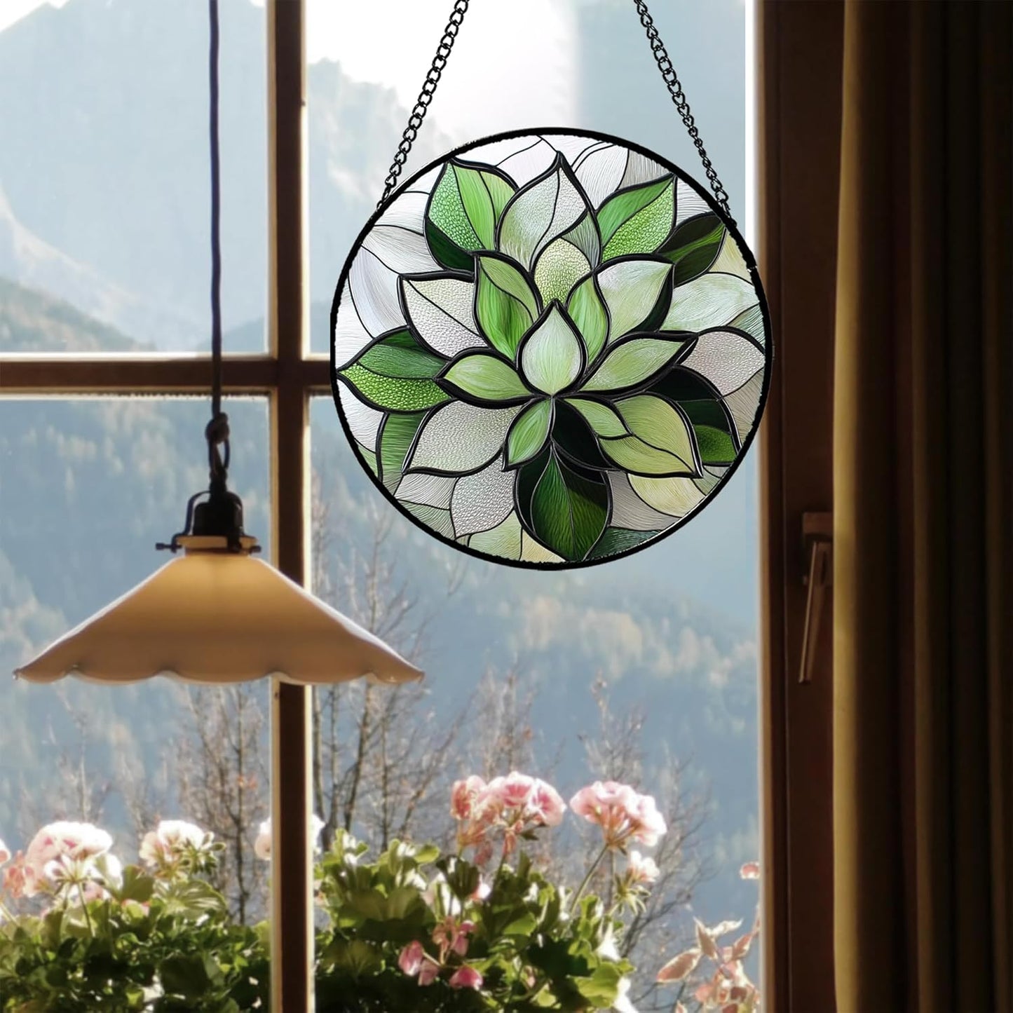 Stained Glass Window Hanging - Green Succulent Plants Suncatcher for Doors Garden Patio Floral Sun Catchers Decor Christmas Mother's Day Birthday Gifts for Women Men Mom Nana Friend 11.8 in