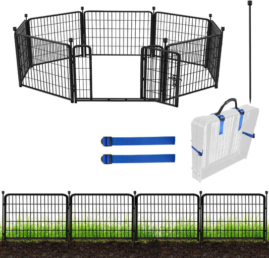 ADAVIN 24 in(H) Garden Fence with Gate, 8 Panels Total 19.7 Ft(L), Heavy Duty Iron Metal Animal Barrier Fence, Dog Fence Outdoor for Yard, Temporary Fencing, No Dig Garden Border Fencing