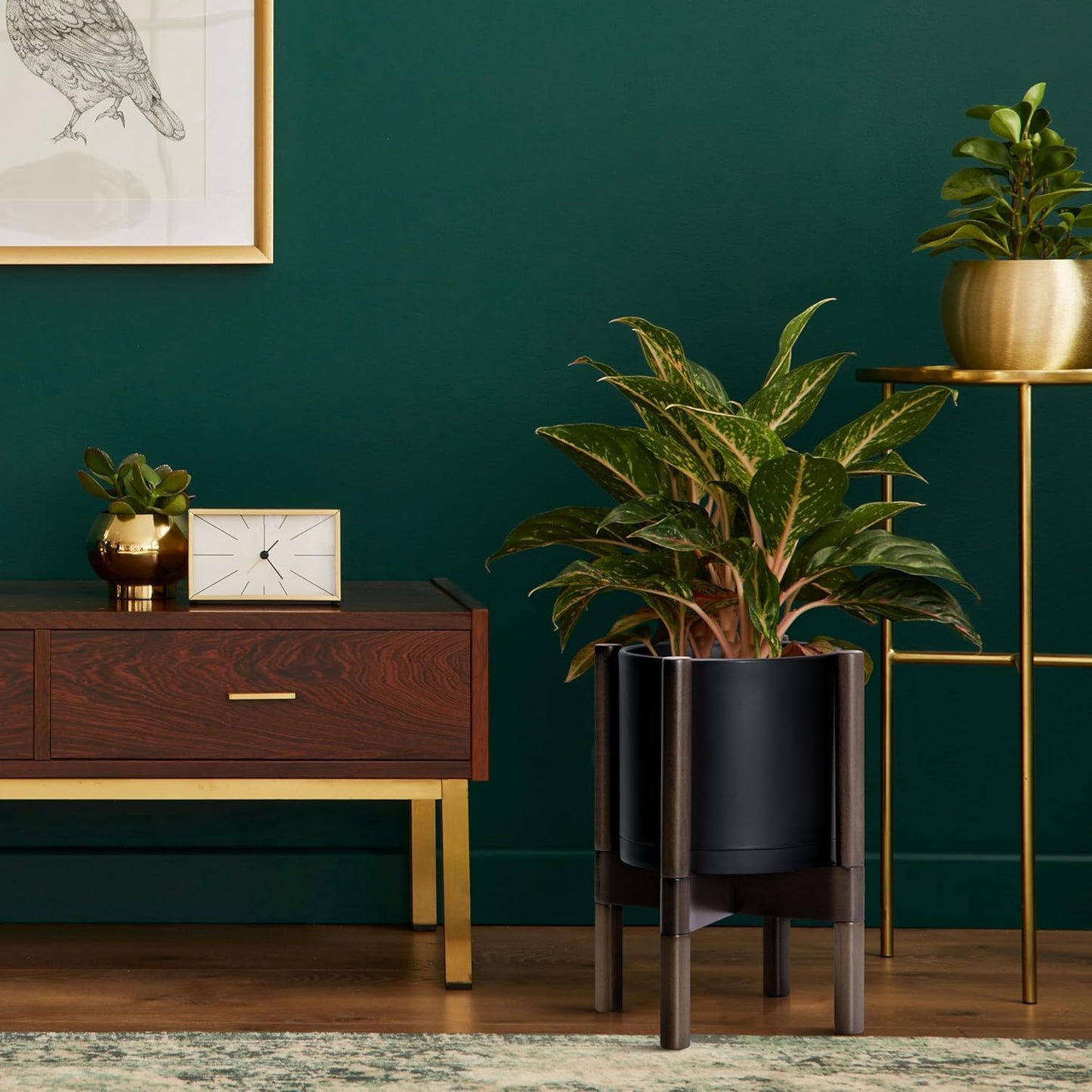 D'vine Dev Planter Pot with Stand - 8 Inch Plastic Cylinder Flower Pot with Wood Planter Holder for Indoor, Matte Black Pot + Walnut Color Stand, 55-C-I-2