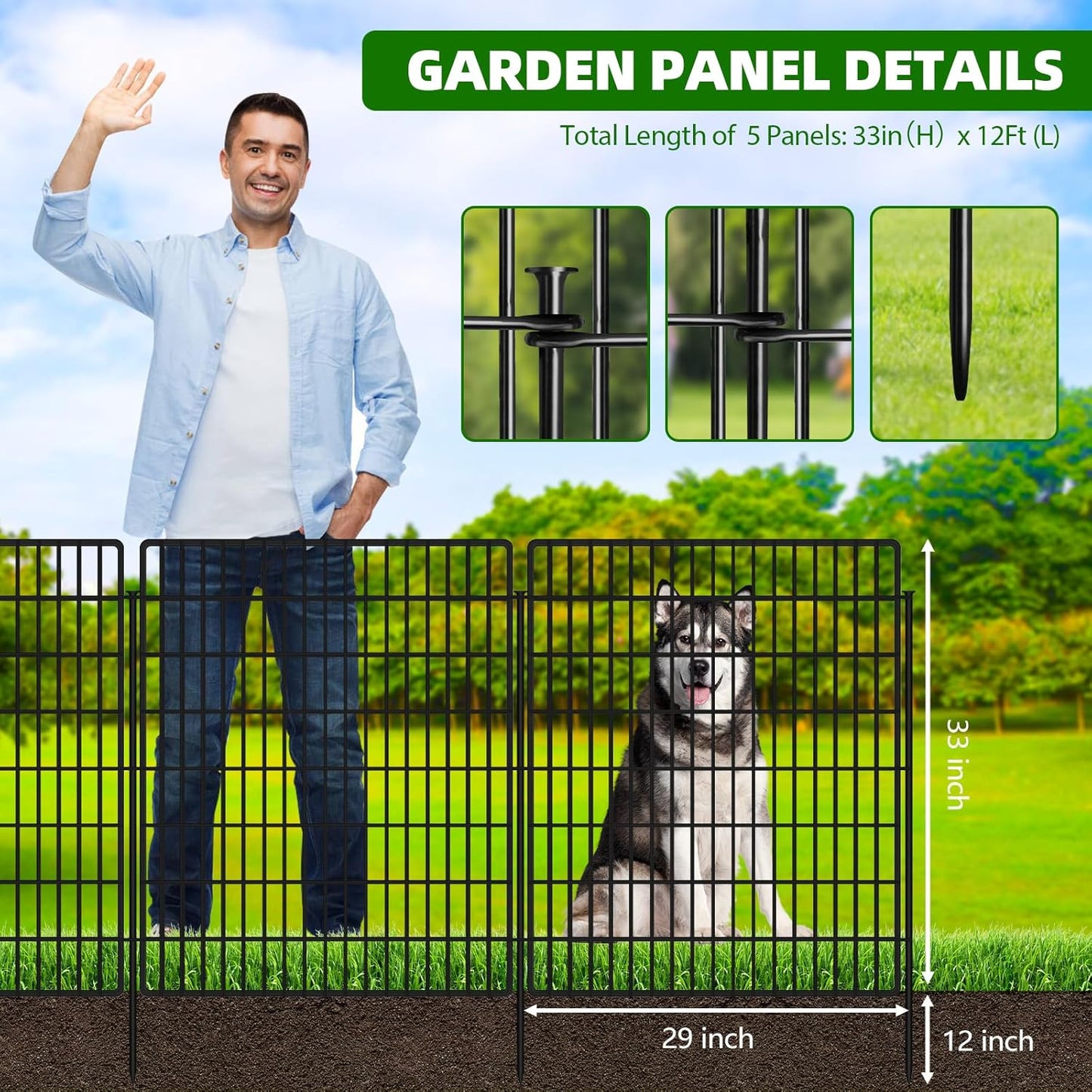 5 Panels Dog Fence Outdoor for Yard, 33 in(H) X 12 ft(L) Decorative Garden Fence Rustproof No Dig Animal Barrier Fencing Metal Wire Panel Border Patio Rabbits Ground Stakes Fencing