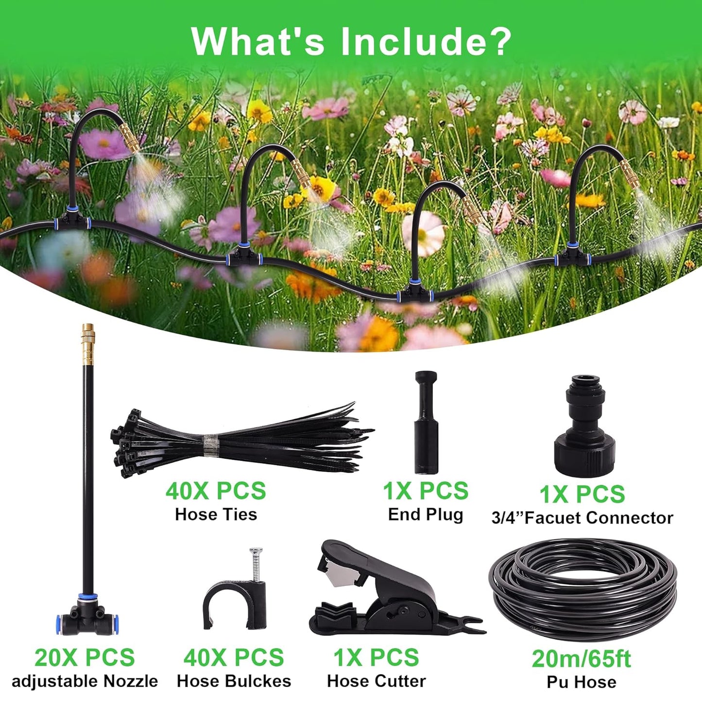 Drip Irrigation Kit, Flexible 360°Adjustable Watering System with Nozzle Control, Misting Hose for Garden, Greenhouse, Lawn, Yard & Potted Plants (65 Feets)