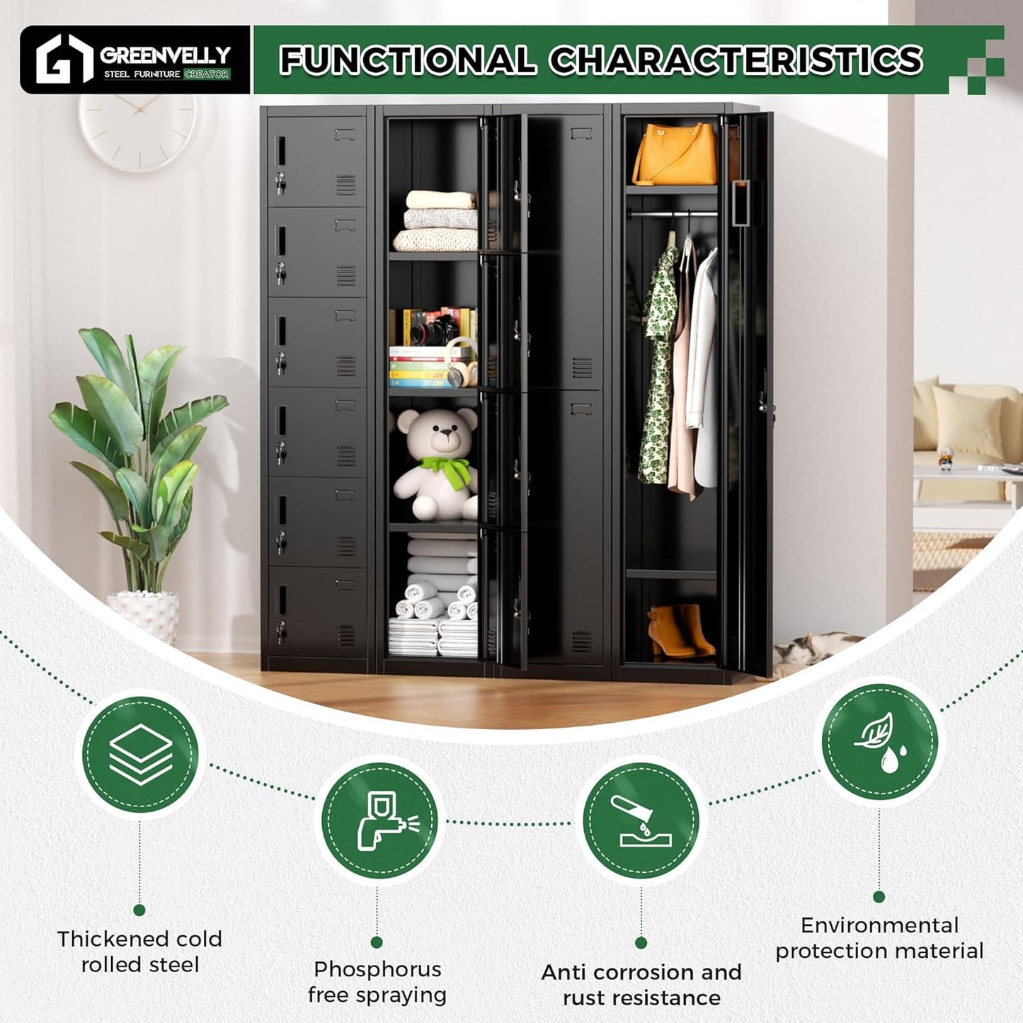 Greenvelly Metal Locker, 72" Metal Lockers for Employees with Locking Doors, Lockable Steel Locker Storage for Office, School, Gym, Home (Black)