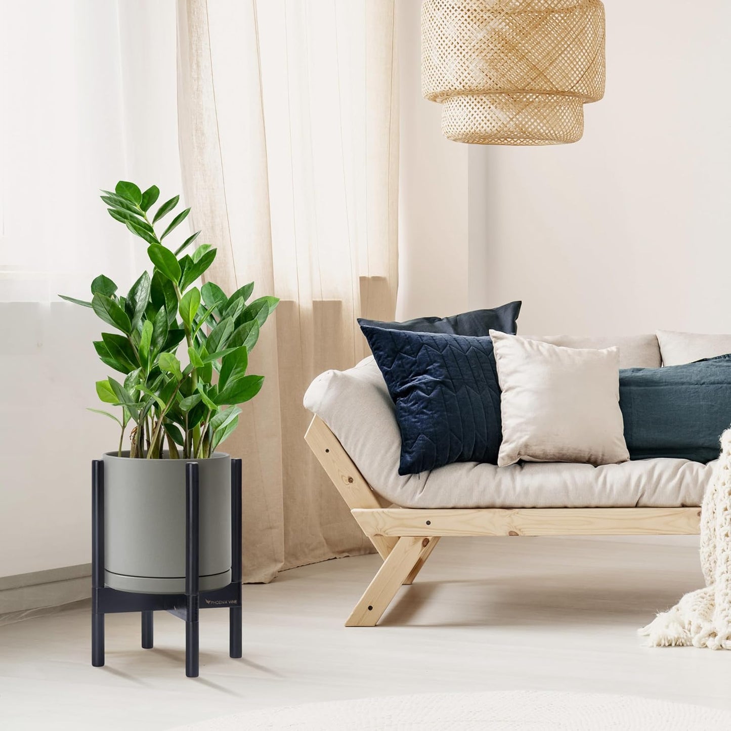 D'vine Dev Ceramic Planter with Ebony Stand - 10 Inch Modern Round Flower Pot with Wood Planter Holder, Grey, 55-B-L-3