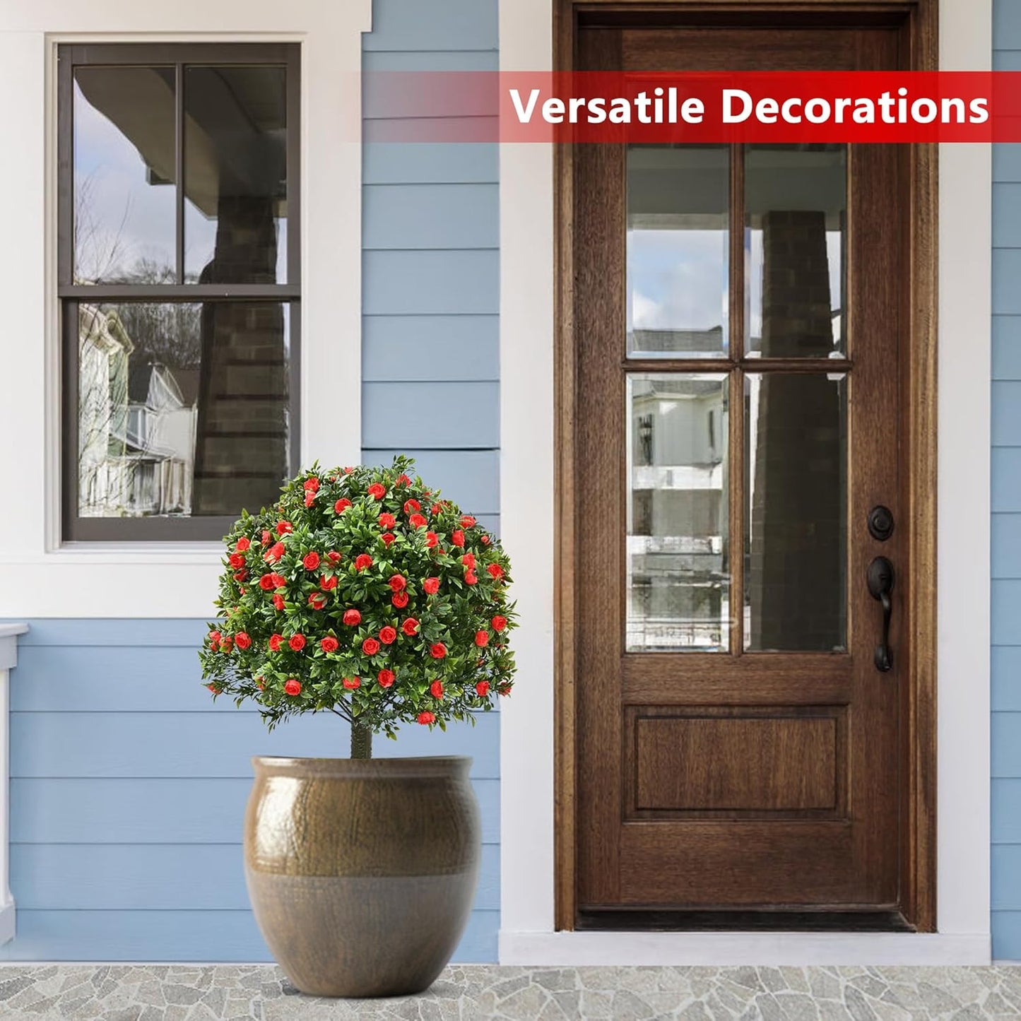 28" Artificial Boxwood Topiary Tree with Rose, Set of 2 Artificial Shrub Bushes with Ground Spike, Fake Evergreen Tree for Porch, Artificial Plants for Outdoor Planters Indoor UV Resistant